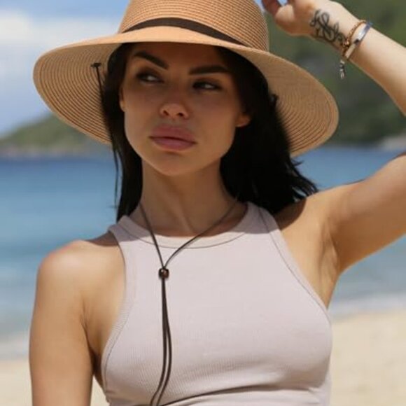 Wide Brim Straw Sun Hat UPF Foldable Beach Summer Boho Chic  display picture 1
